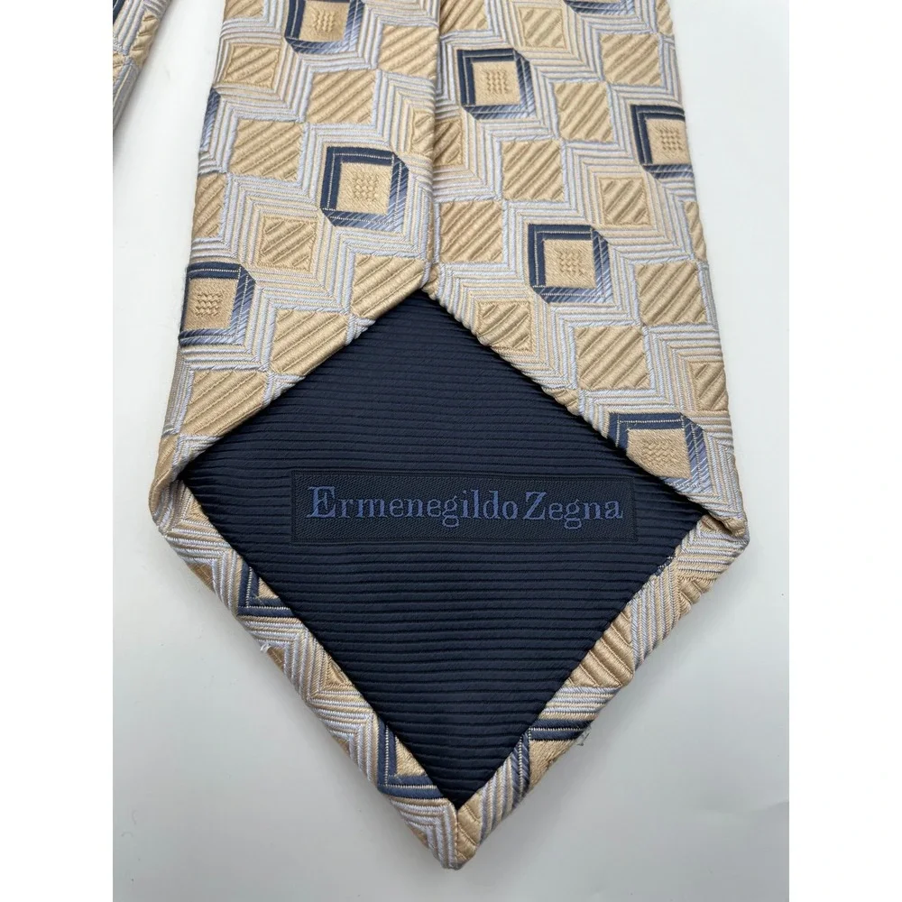 Ermenegildo Zegna Silk Cotton Tie Gold Navy Blue Geometric Square Made in Italy